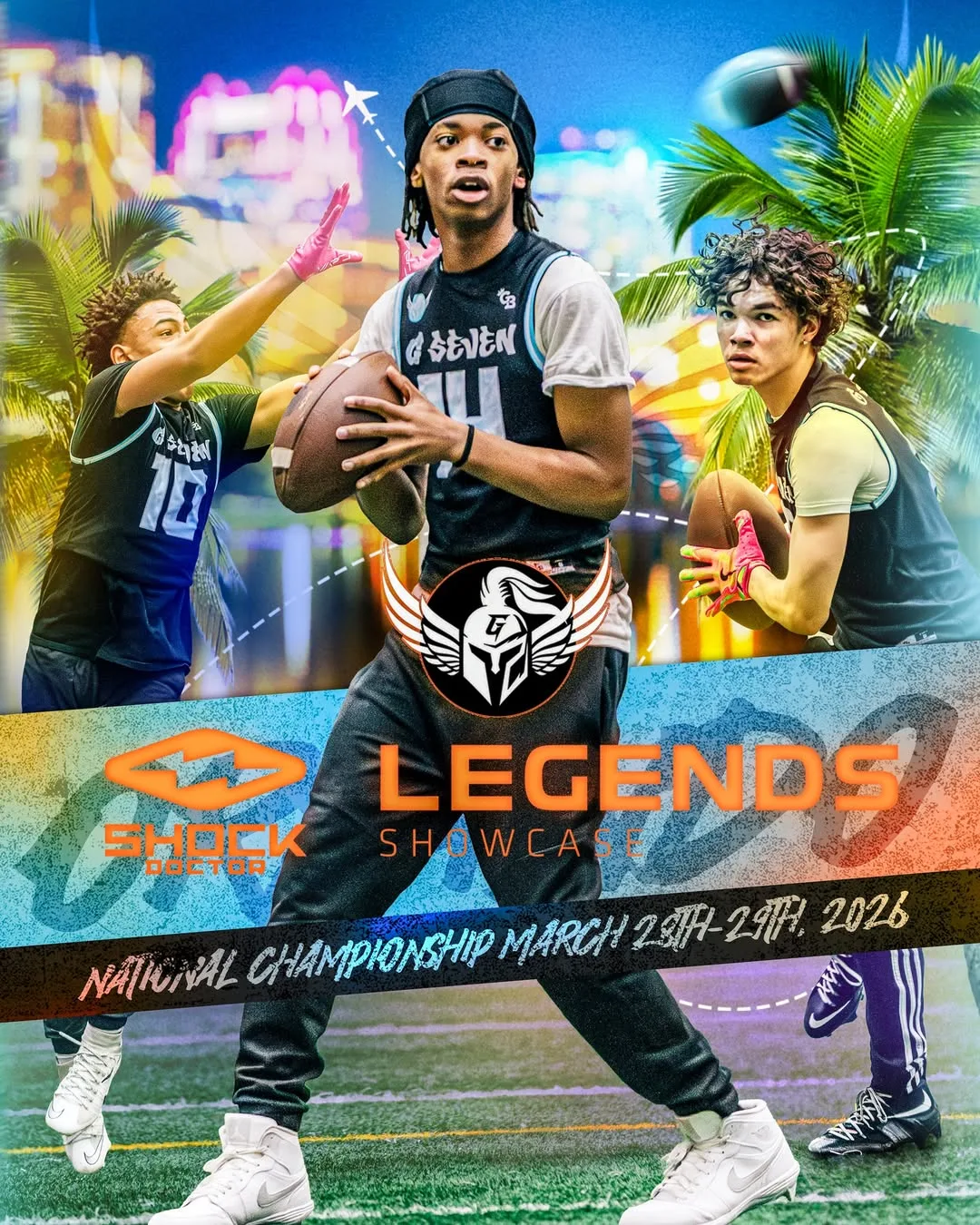 Legends Showcase National Championship graphic with three youth football players, palm trees, and March 28-29, 2026 dates