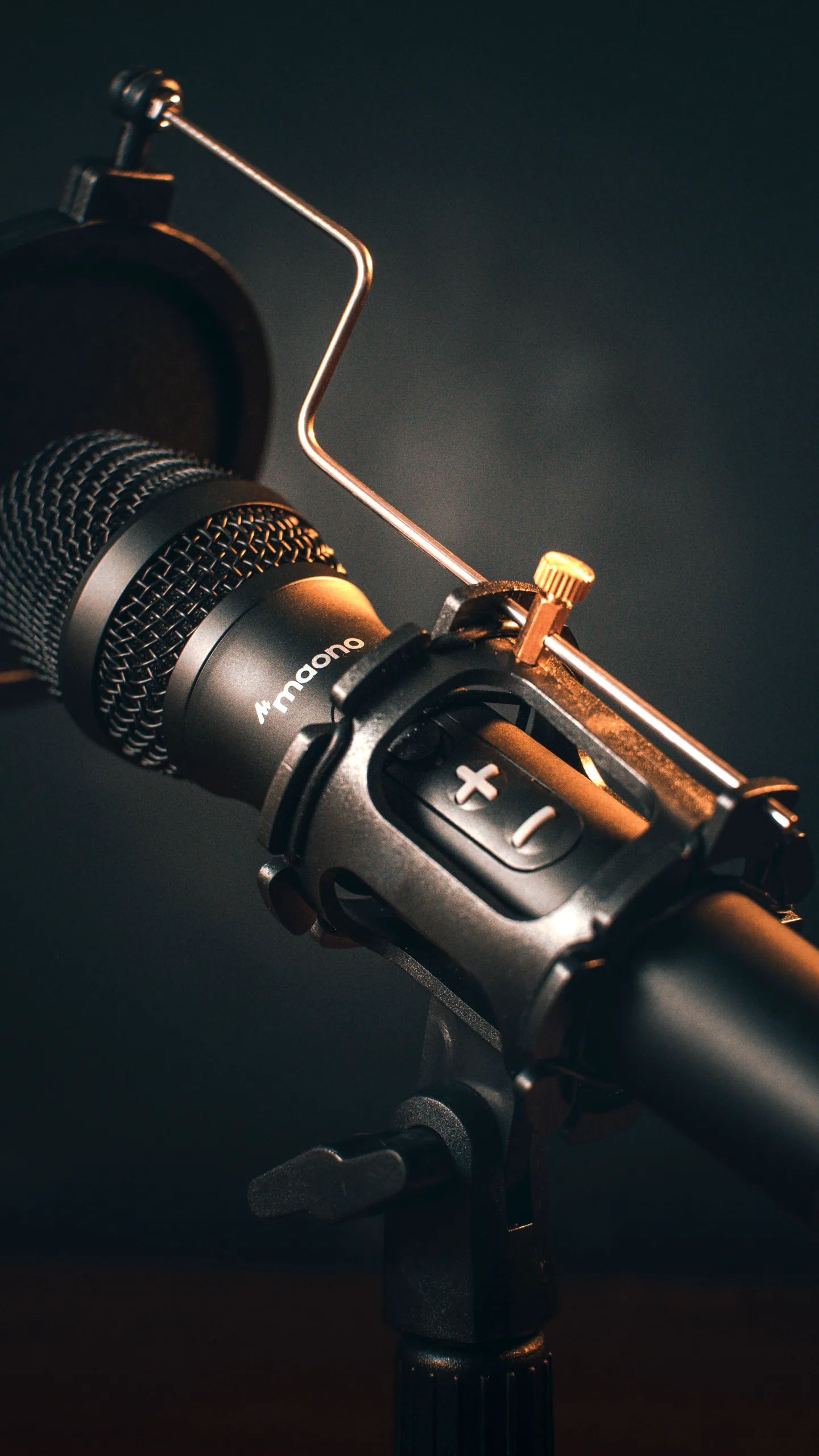 Maono studio microphone in a shock mount with pop filter, lit by warm light against a dark background